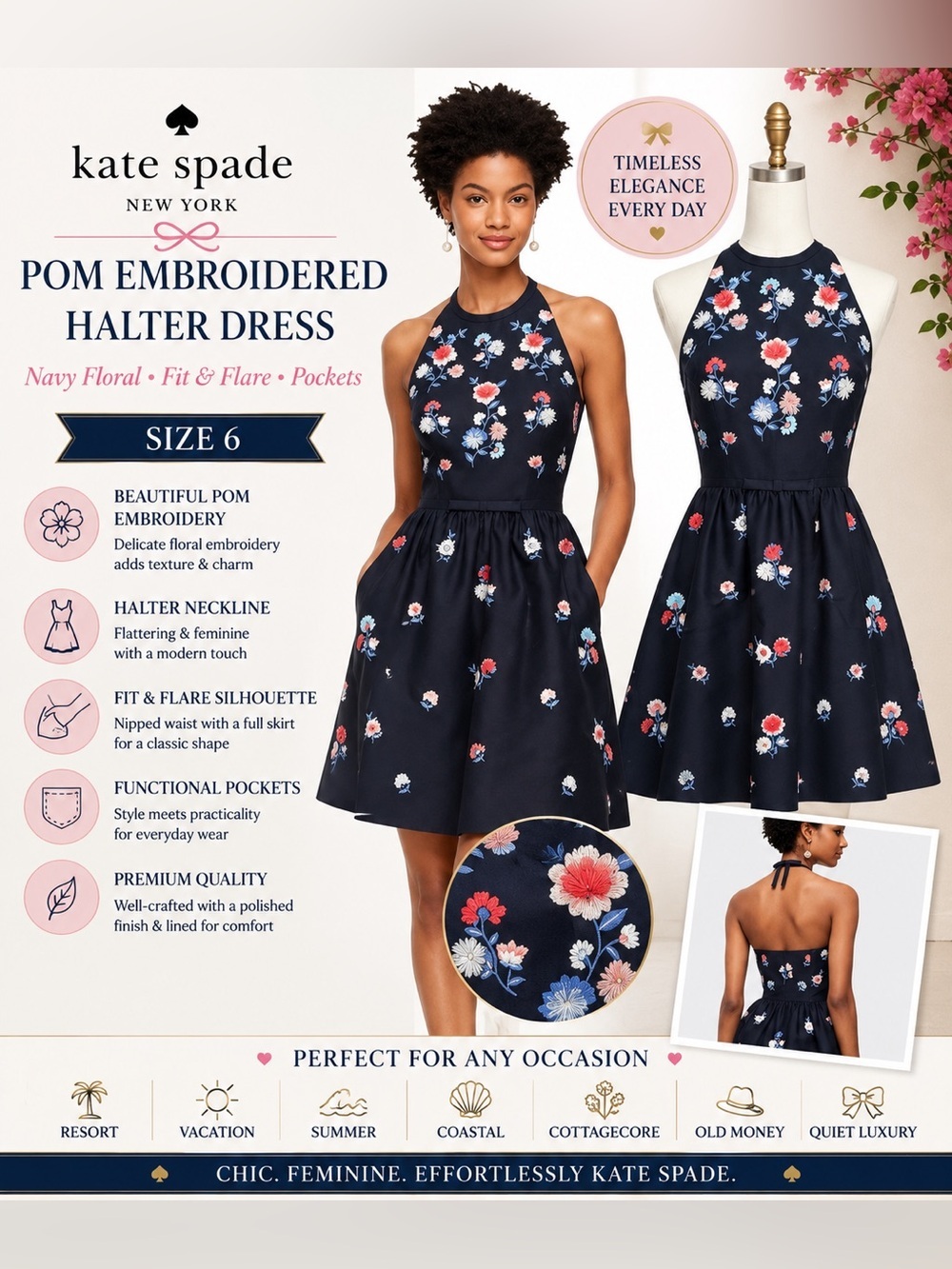Kate Spade Pom Embroidered Halter Dress 6 Date Night Resort Vacation Floral